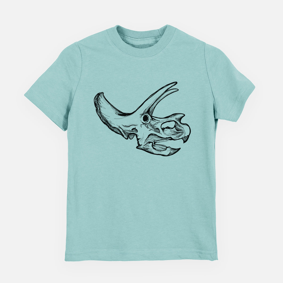 Saltwater youth t-shirt laid flat, printed with a detailed black ink illustration of a Triceratops skull with its horns and frill.
