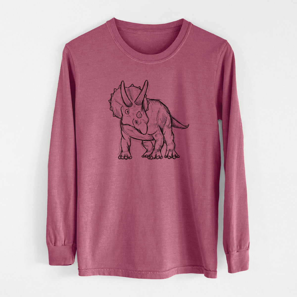 Crimson Comfort Colors long sleeve shirt laid flat, printed with a black ink illustration of a Triceratops walking.