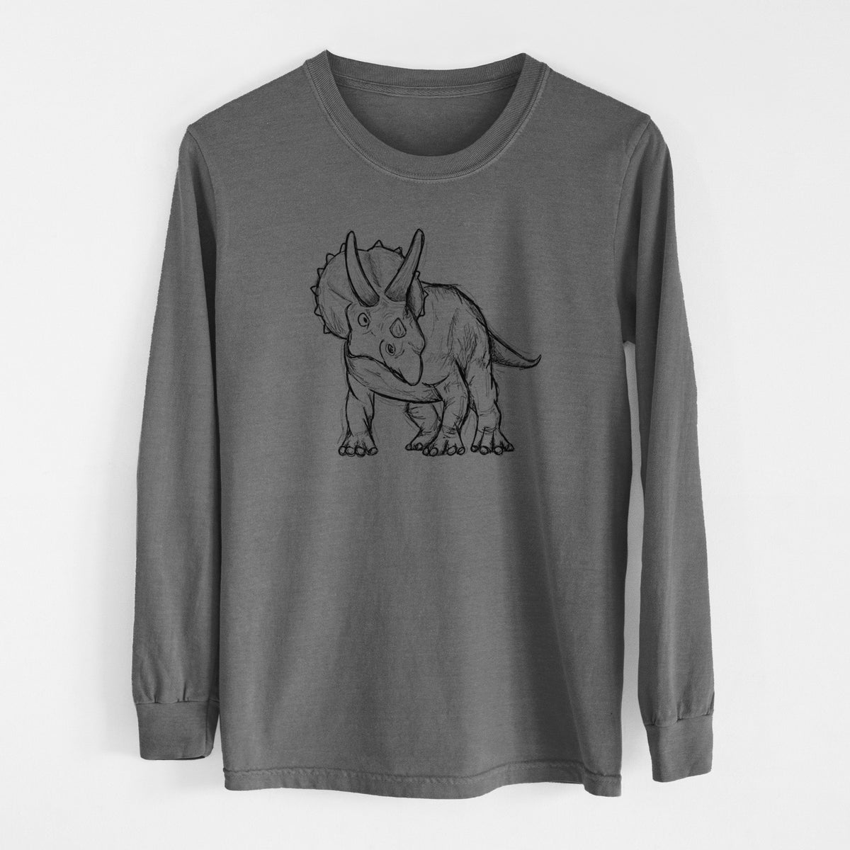 Pepper Comfort Colors long sleeve shirt laid flat, printed with a black ink illustration of a Triceratops walking.
