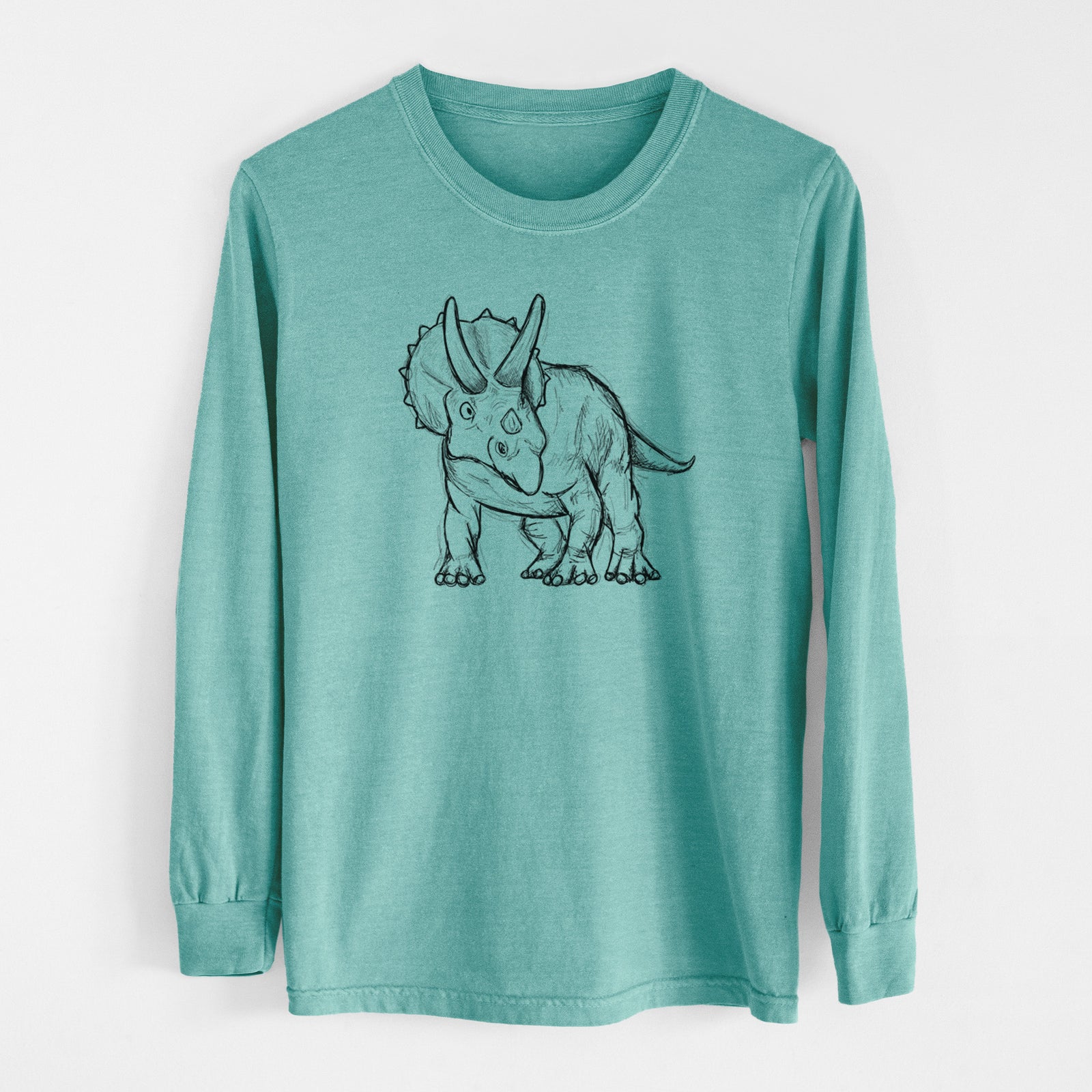Reef green Comfort Colors long sleeve shirt laid flat, printed with a black ink illustration of a Triceratops walking.