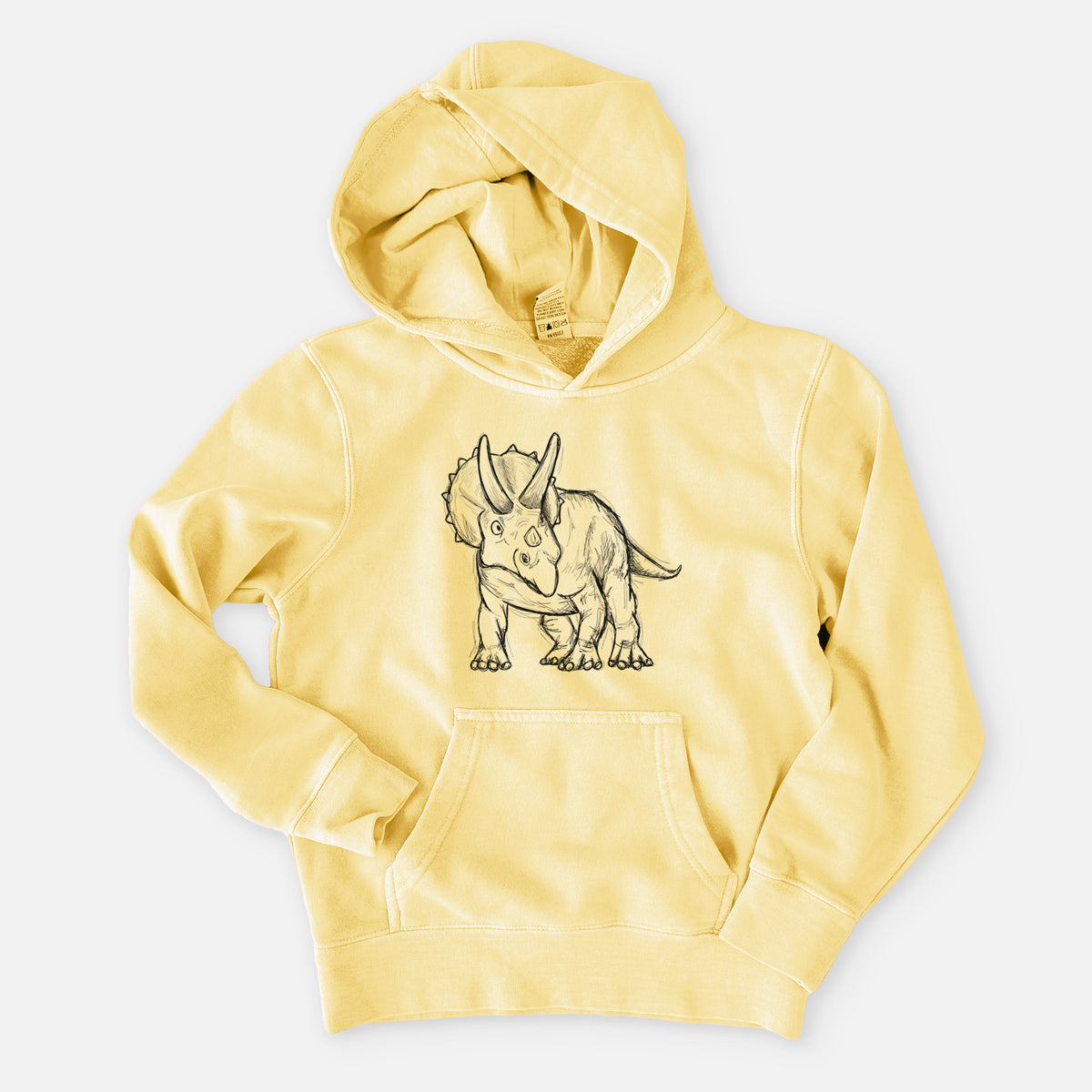 Pigment yellow youth pigment dyed hoodie laid flat, printed with a black ink illustration of a Triceratops walking.