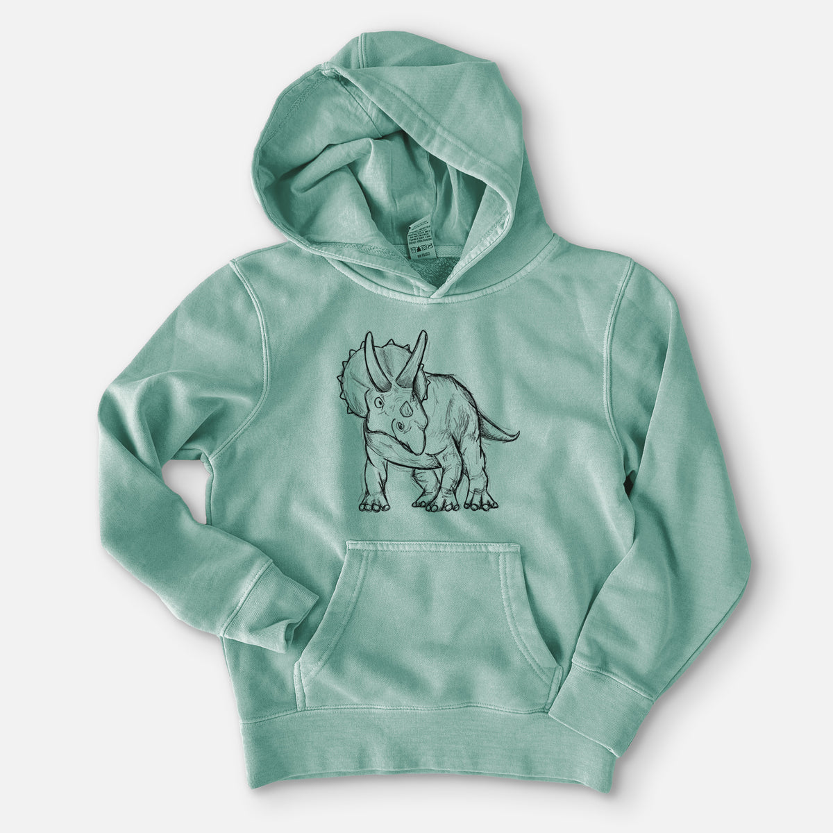 Sea green youth pigment dyed hoodie laid flat, printed with a black ink illustration of a Triceratops walking.