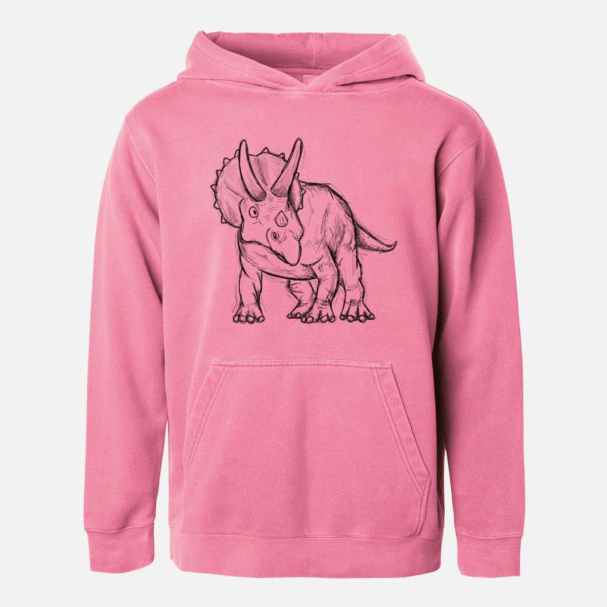 Pigment pink youth pigment dyed hoodie laid flat, printed with a black ink illustration of a Triceratops walking.
