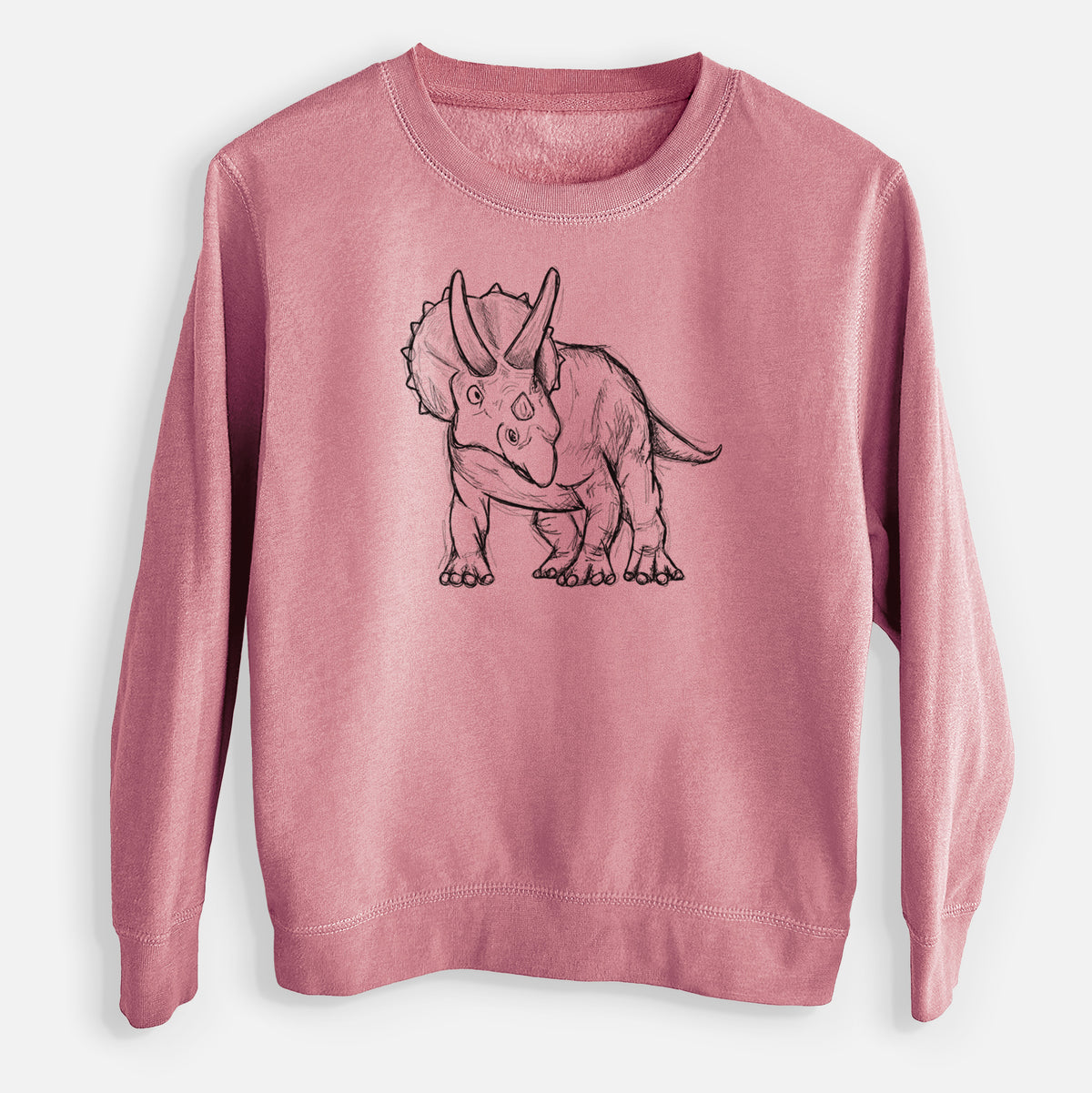 Mauve pink youth crewneck sweatshirt laid flat, printed with a black ink illustration of a Triceratops walking.