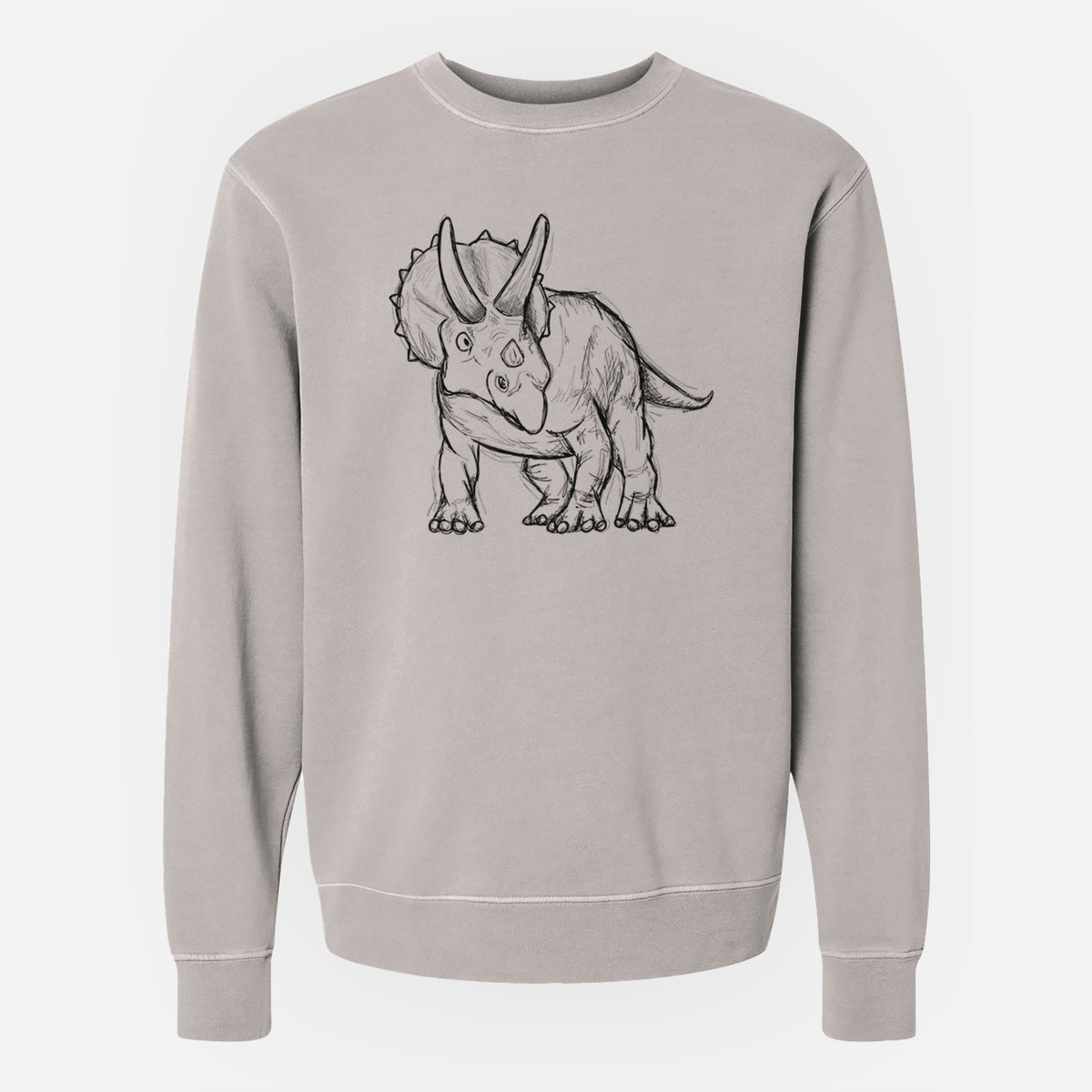Cement grey pigment dyed crewneck sweatshirt laid flat, printed with a black ink illustration of a Triceratops walking.