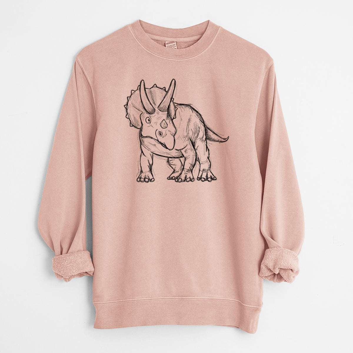 Dusty pink pigment dyed crewneck sweatshirt laid flat with the sleeves rolled, printed with a black ink illustration of a Triceratops walking.