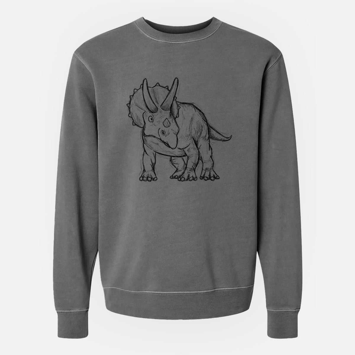 Faded black pigment dyed crewneck sweatshirt laid flat, printed with a black ink illustration of a Triceratops walking.