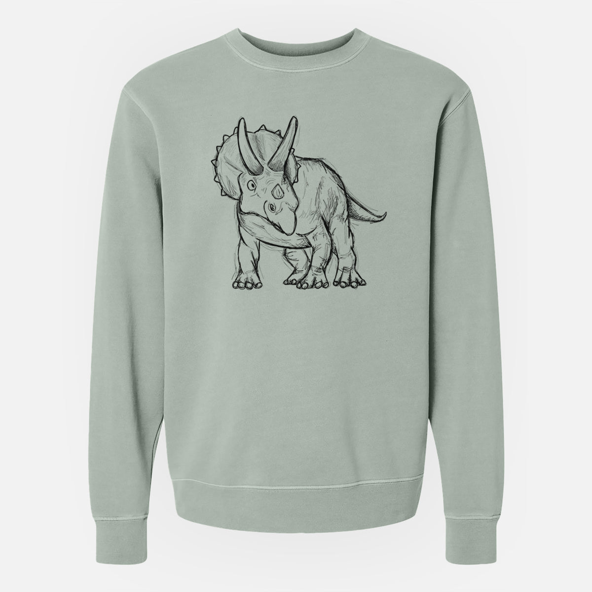 Sage green pigment dyed crewneck sweatshirt laid flat, printed with a black ink illustration of a Triceratops walking.