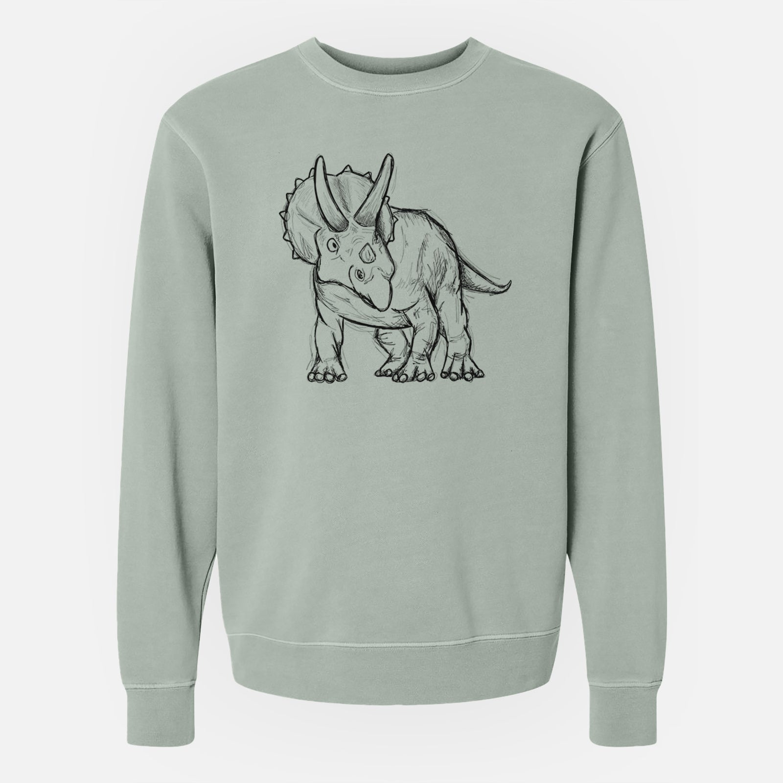 Sage green pigment dyed crewneck sweatshirt laid flat, printed with a black ink illustration of a Triceratops walking.
