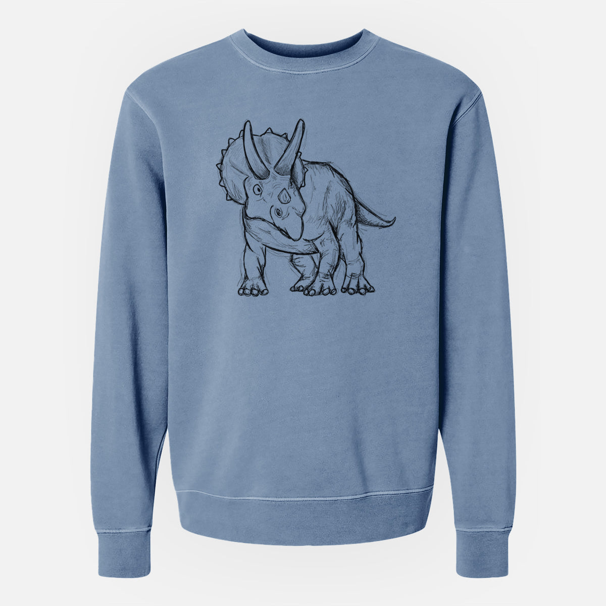 Slate blue pigment dyed crewneck sweatshirt laid flat, printed with a black ink illustration of a Triceratops walking.
