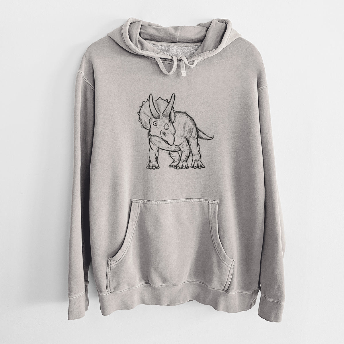Cement grey pigment dyed hoodie laid flat, printed with a black ink illustration of a Triceratops walking.