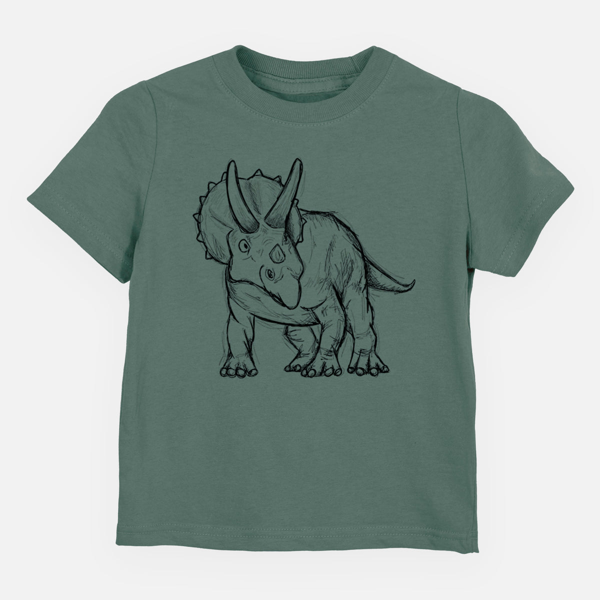 Basil green toddler t-shirt laid flat, printed with a black ink illustration of a Triceratops walking.