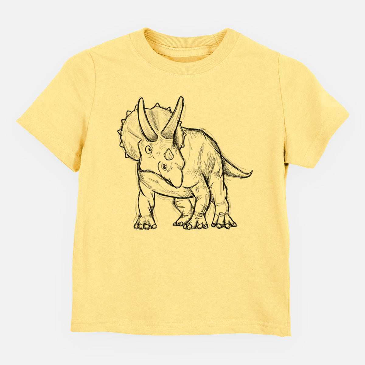 Butter yellow toddler t-shirt laid flat, printed with a black ink illustration of a Triceratops walking.