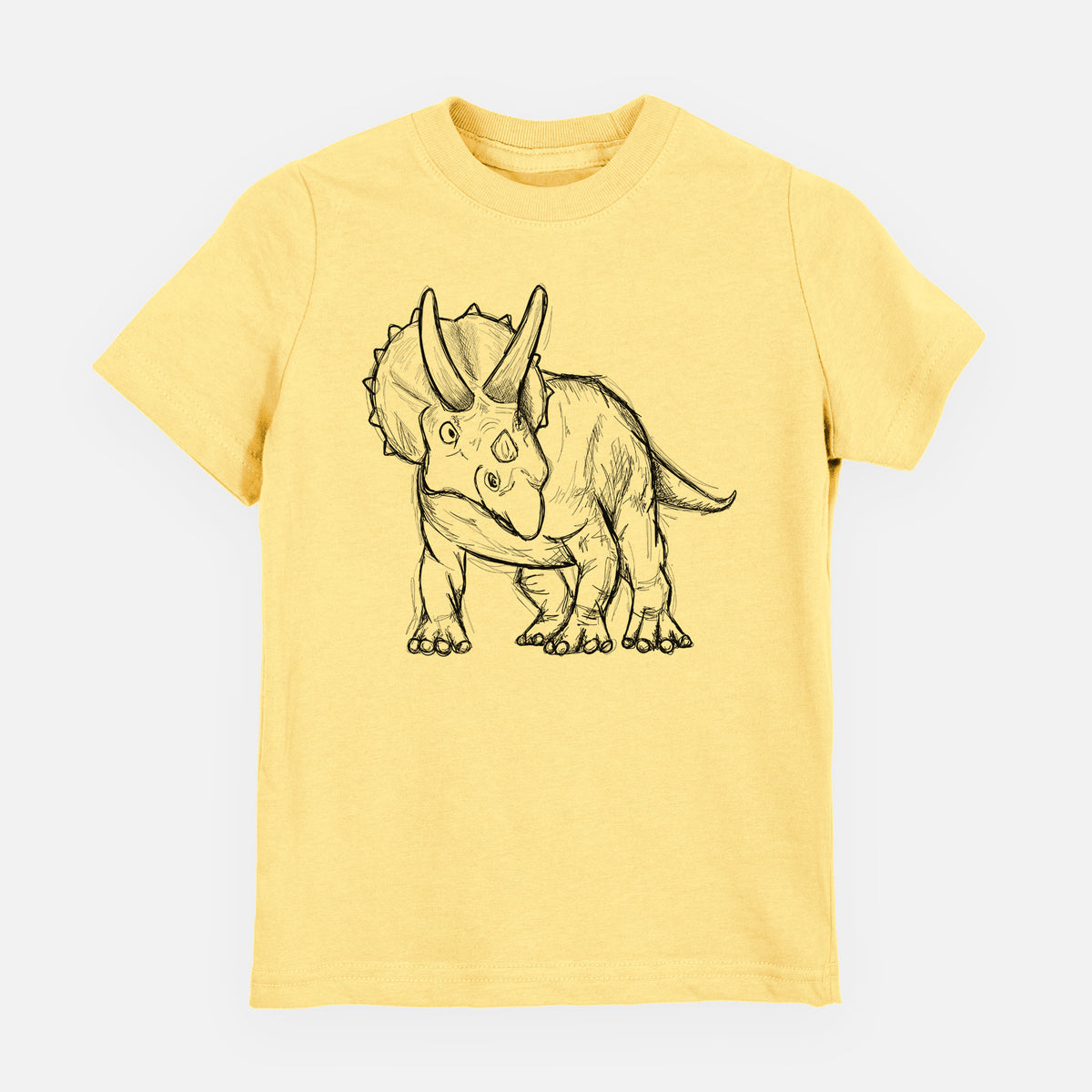 Butter yellow youth t-shirt laid flat, printed with a black ink illustration of a Triceratops walking.