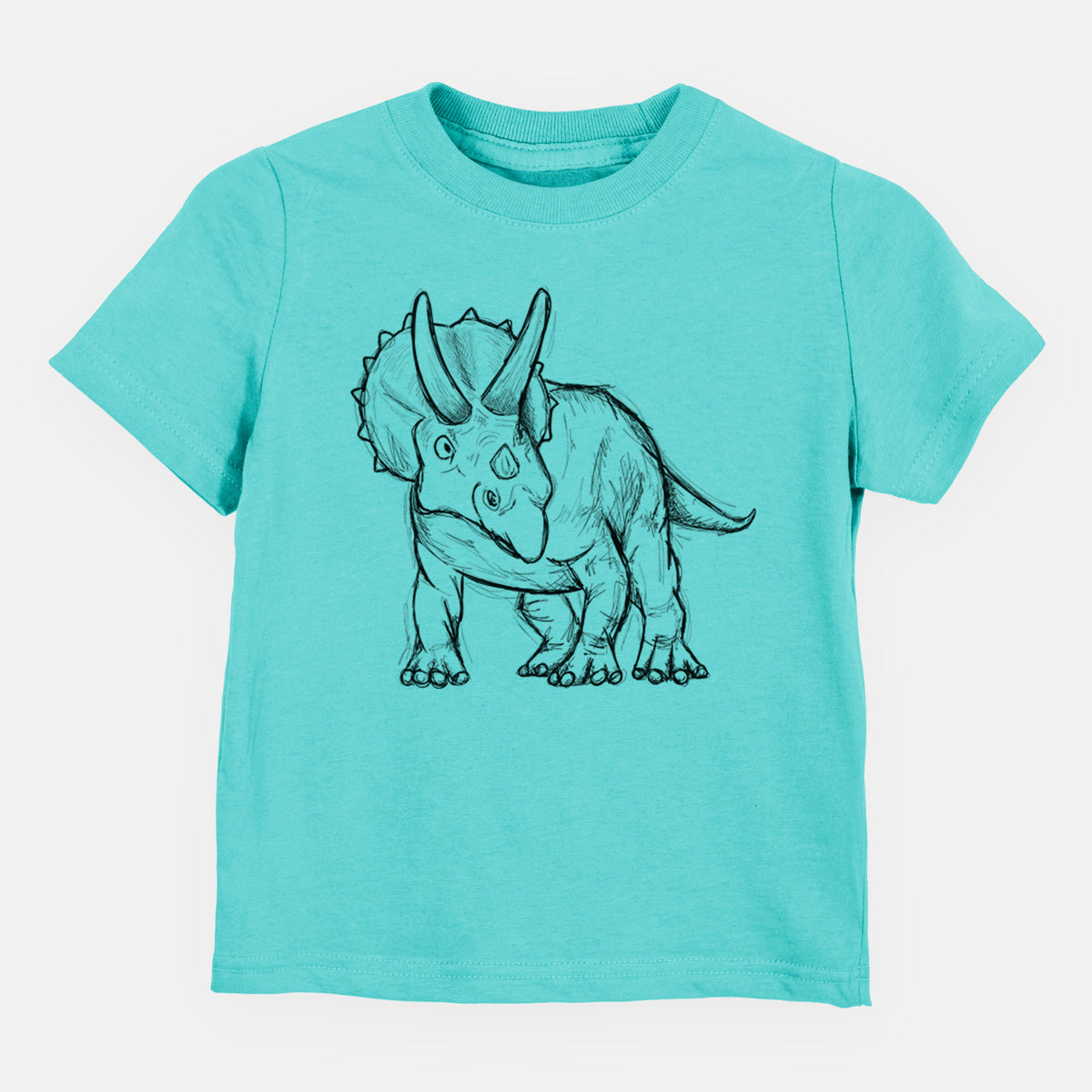 Caribbean blue toddler t-shirt laid flat, printed with a black ink illustration of a Triceratops walking.