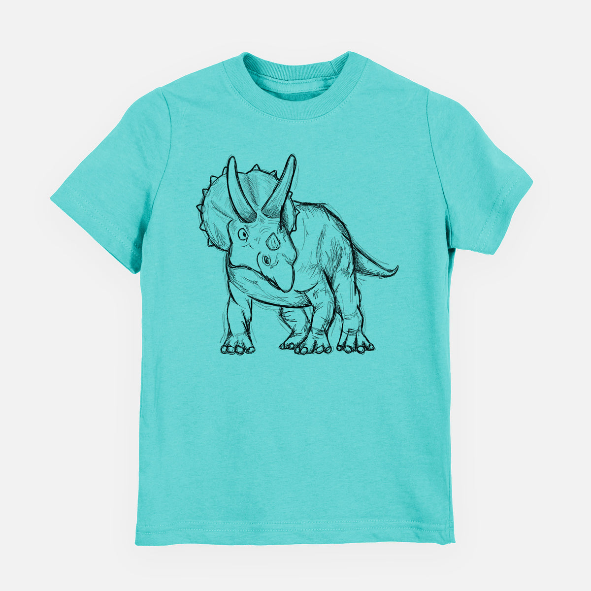 Caribbean blue youth t-shirt laid flat, printed with a black ink illustration of a Triceratops walking.