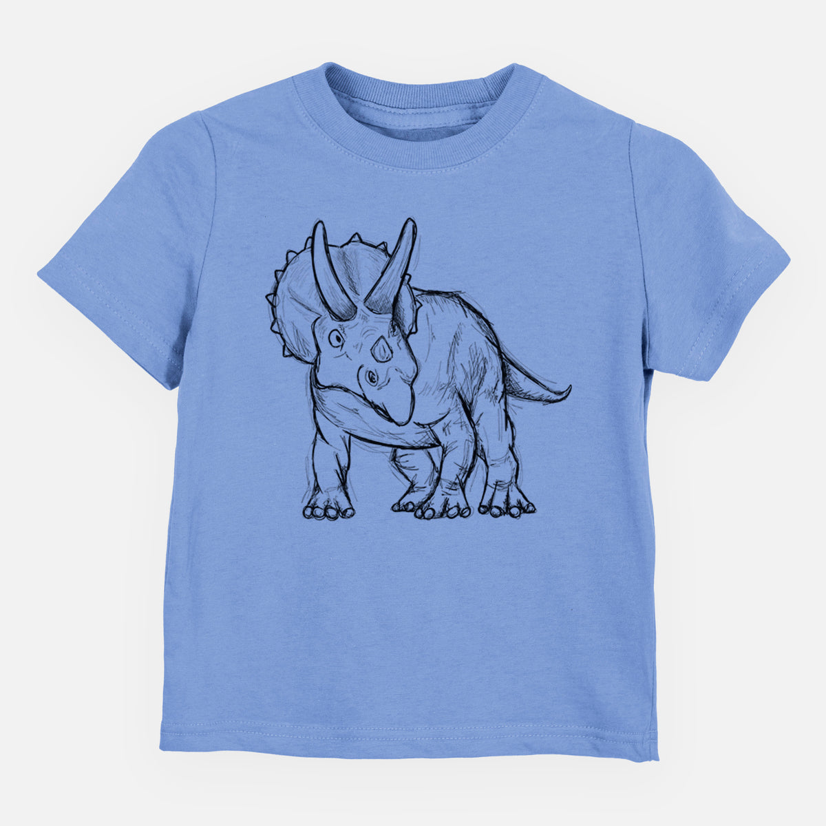 Carolina blue toddler t-shirt laid flat, printed with a black ink illustration of a Triceratops walking.
