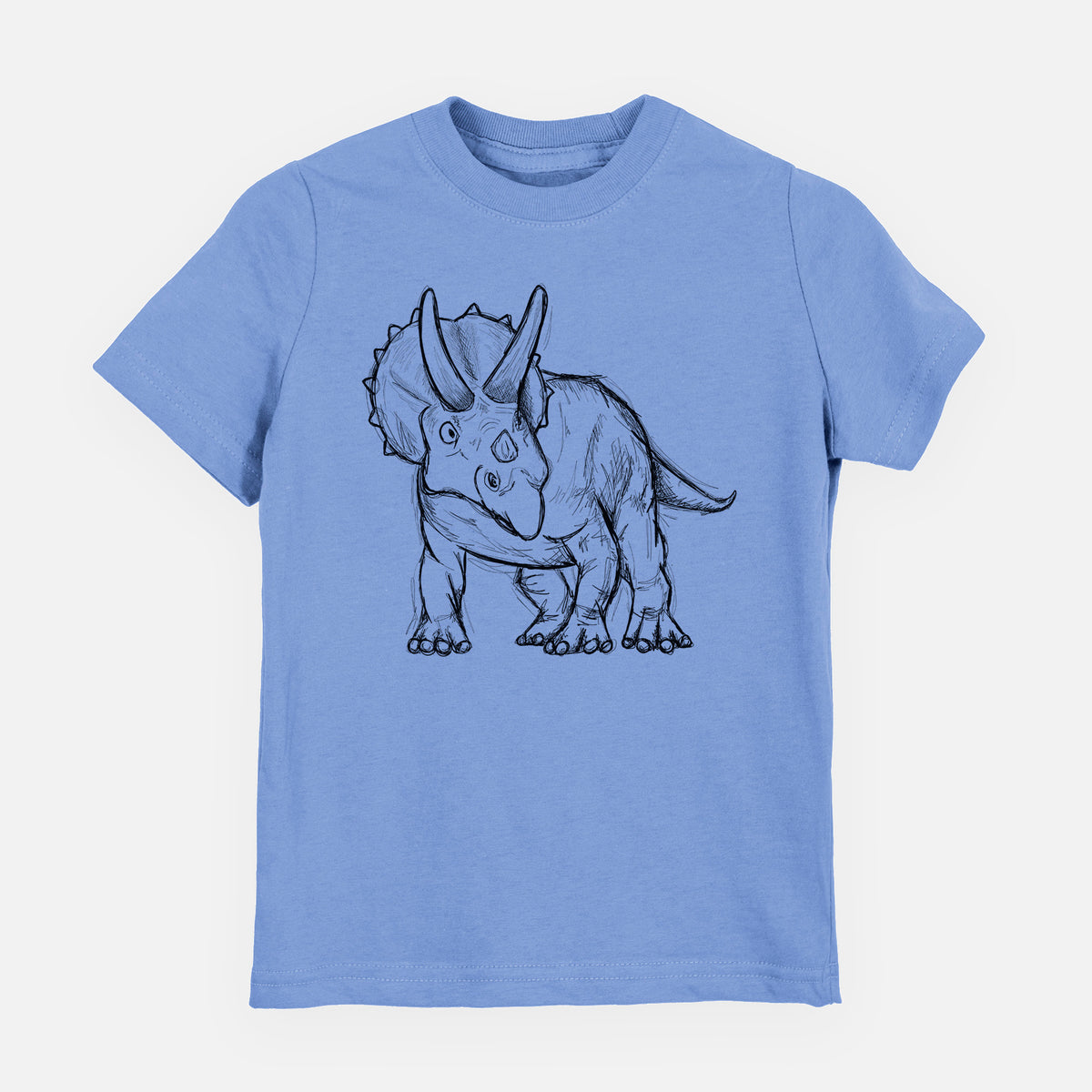 Carolina blue youth t-shirt laid flat, printed with a black ink illustration of a Triceratops walking.