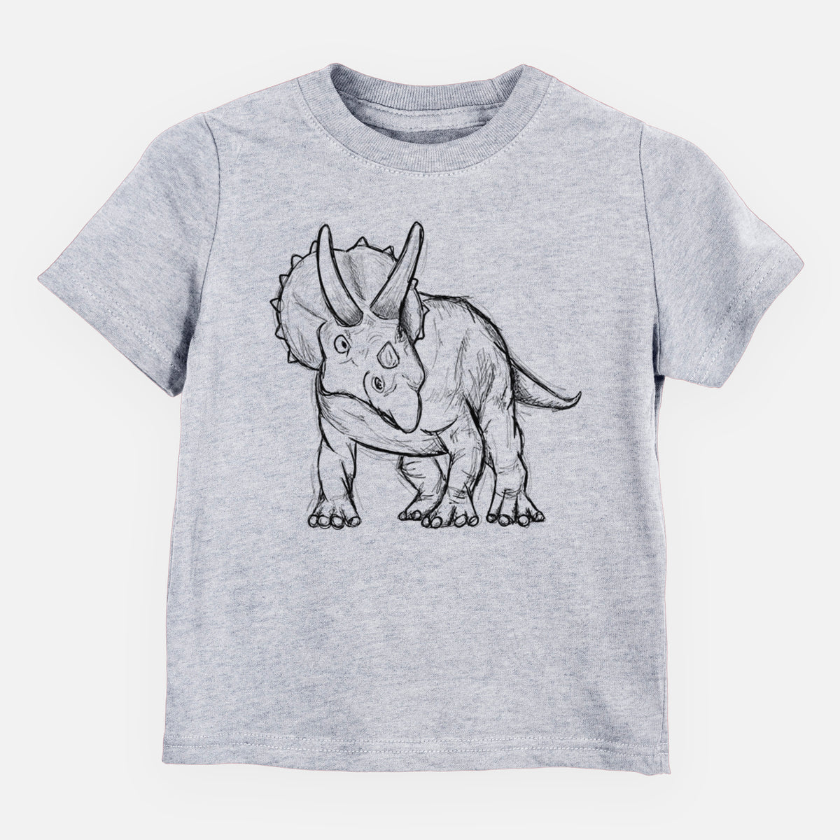 Heather grey toddler t-shirt laid flat, printed with a black ink illustration of a Triceratops walking.