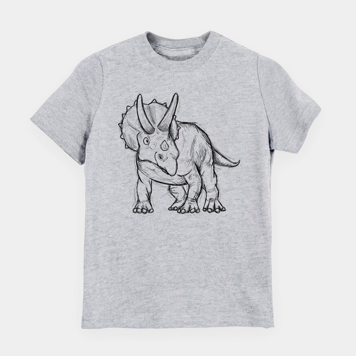 Heather grey youth t-shirt laid flat, printed with a black ink illustration of a Triceratops walking.