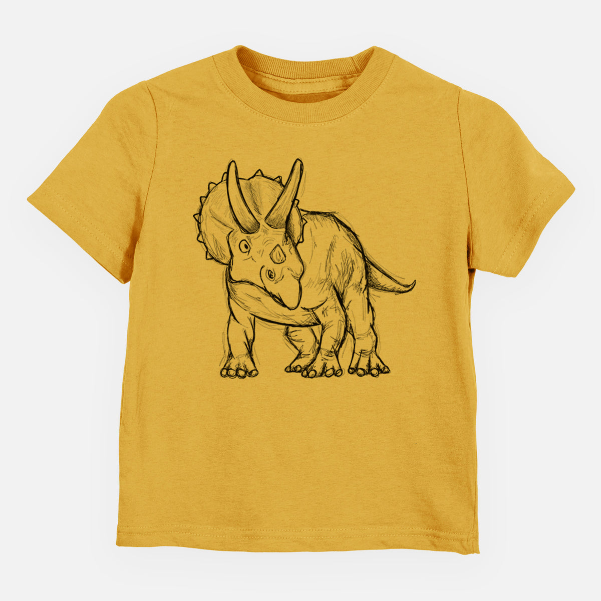 Honeycomb yellow toddler t-shirt laid flat, printed with a black ink illustration of a Triceratops walking.