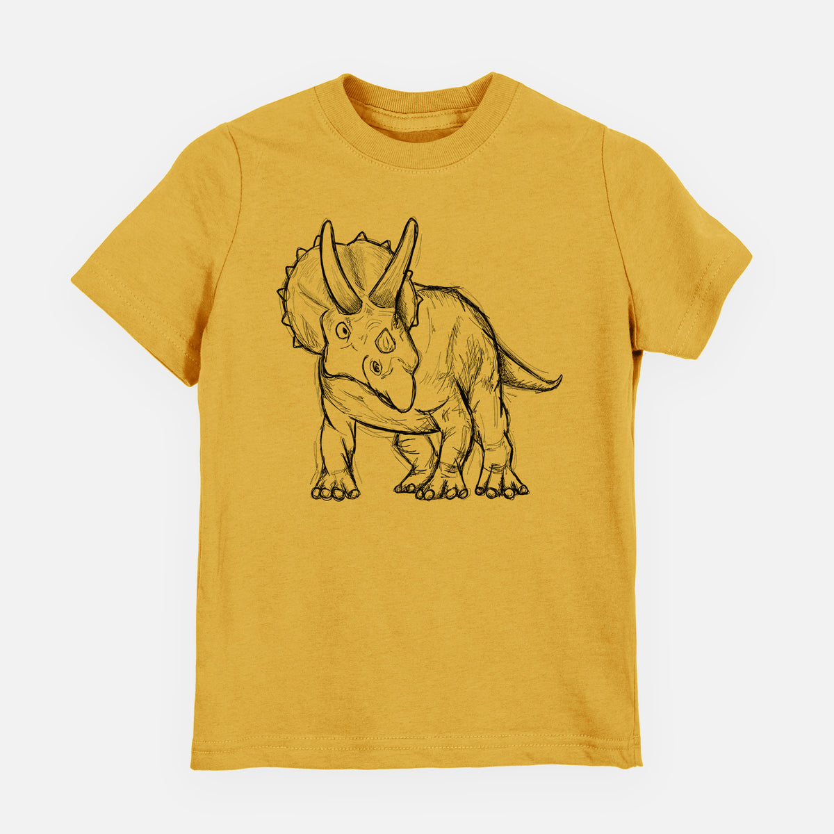 Honeycomb yellow youth t-shirt laid flat, printed with a black ink illustration of a Triceratops walking.