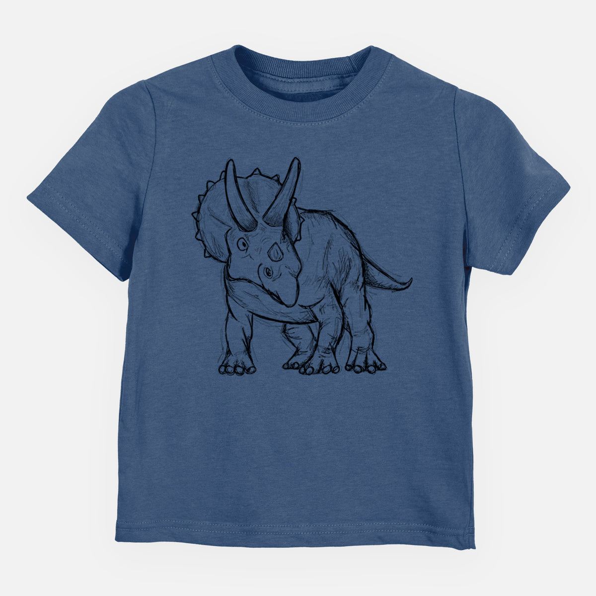 Indigo blue toddler t-shirt laid flat, printed with a black ink illustration of a Triceratops walking.
