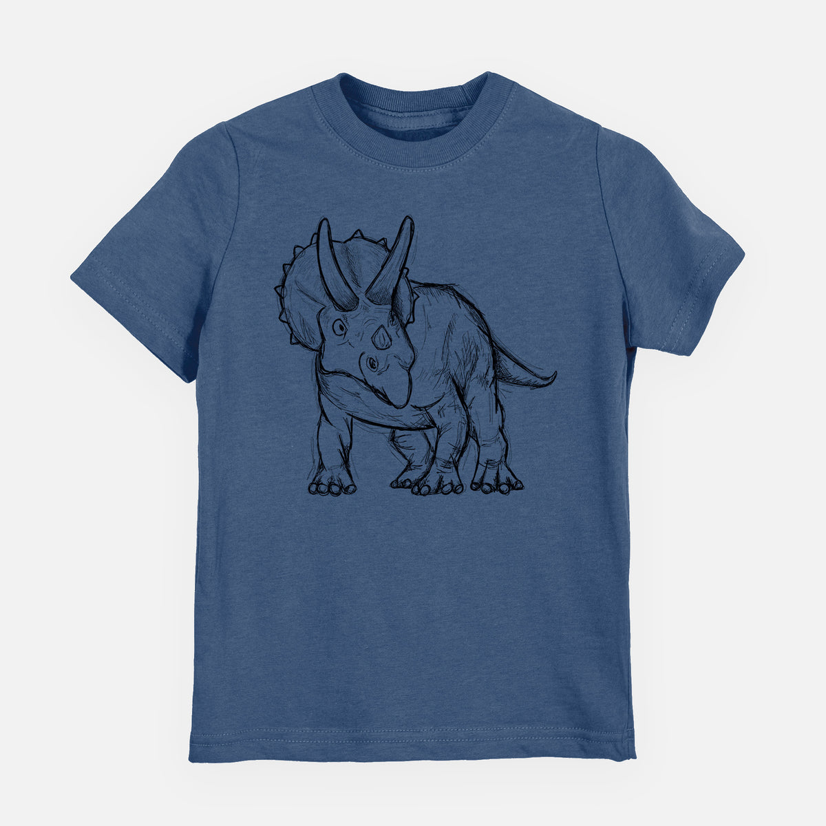 Indigo blue youth t-shirt laid flat, printed with a black ink illustration of a Triceratops walking.