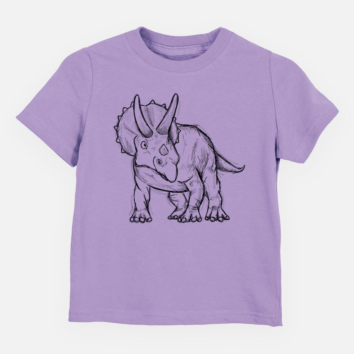 Lavender toddler t-shirt laid flat, printed with a black ink illustration of a Triceratops walking.