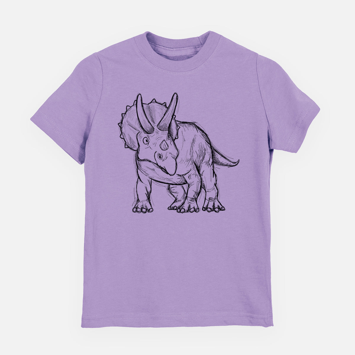 Lavender youth t-shirt laid flat, printed with a black ink illustration of a Triceratops walking.
