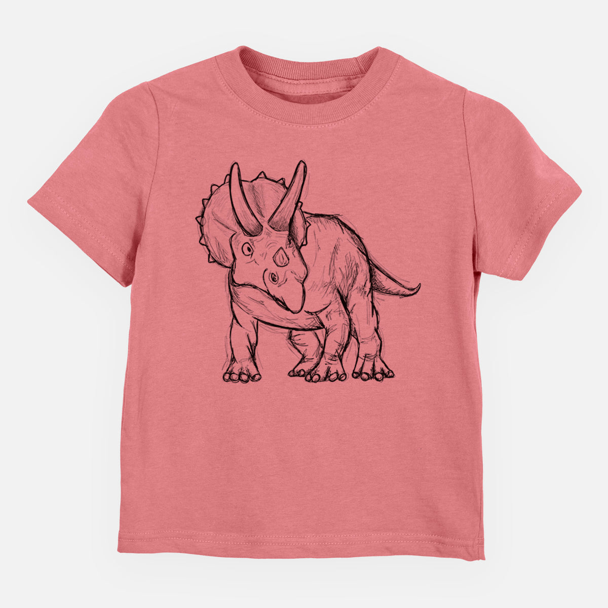 Mauve pink toddler t-shirt laid flat, printed with a black ink illustration of a Triceratops walking.