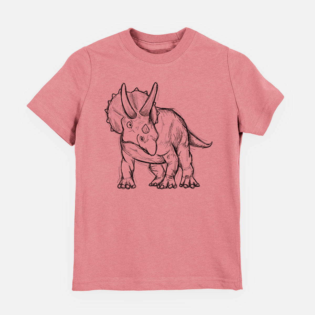 Mauve pink youth t-shirt laid flat, printed with a black ink illustration of a Triceratops walking.