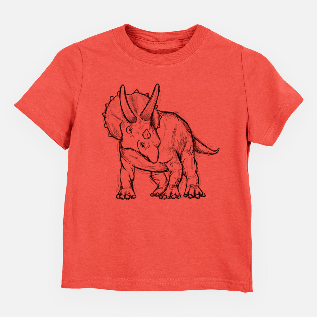 Passionfruit pink toddler t-shirt laid flat, printed with a black ink illustration of a Triceratops walking.