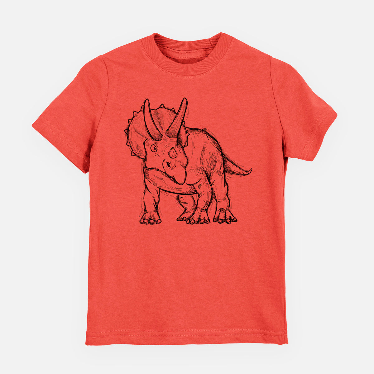 Passionfruit pink youth t-shirt laid flat, printed with a black ink illustration of a Triceratops walking.
