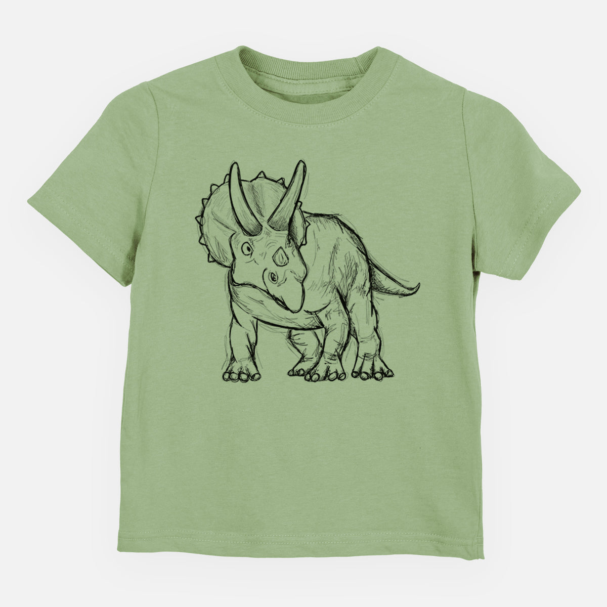 Sage green toddler t-shirt laid flat, printed with a black ink illustration of a Triceratops walking.