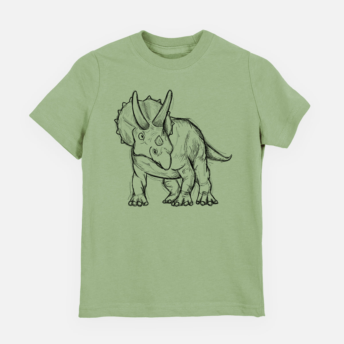 Sage green youth t-shirt laid flat, printed with a black ink illustration of a Triceratops walking.