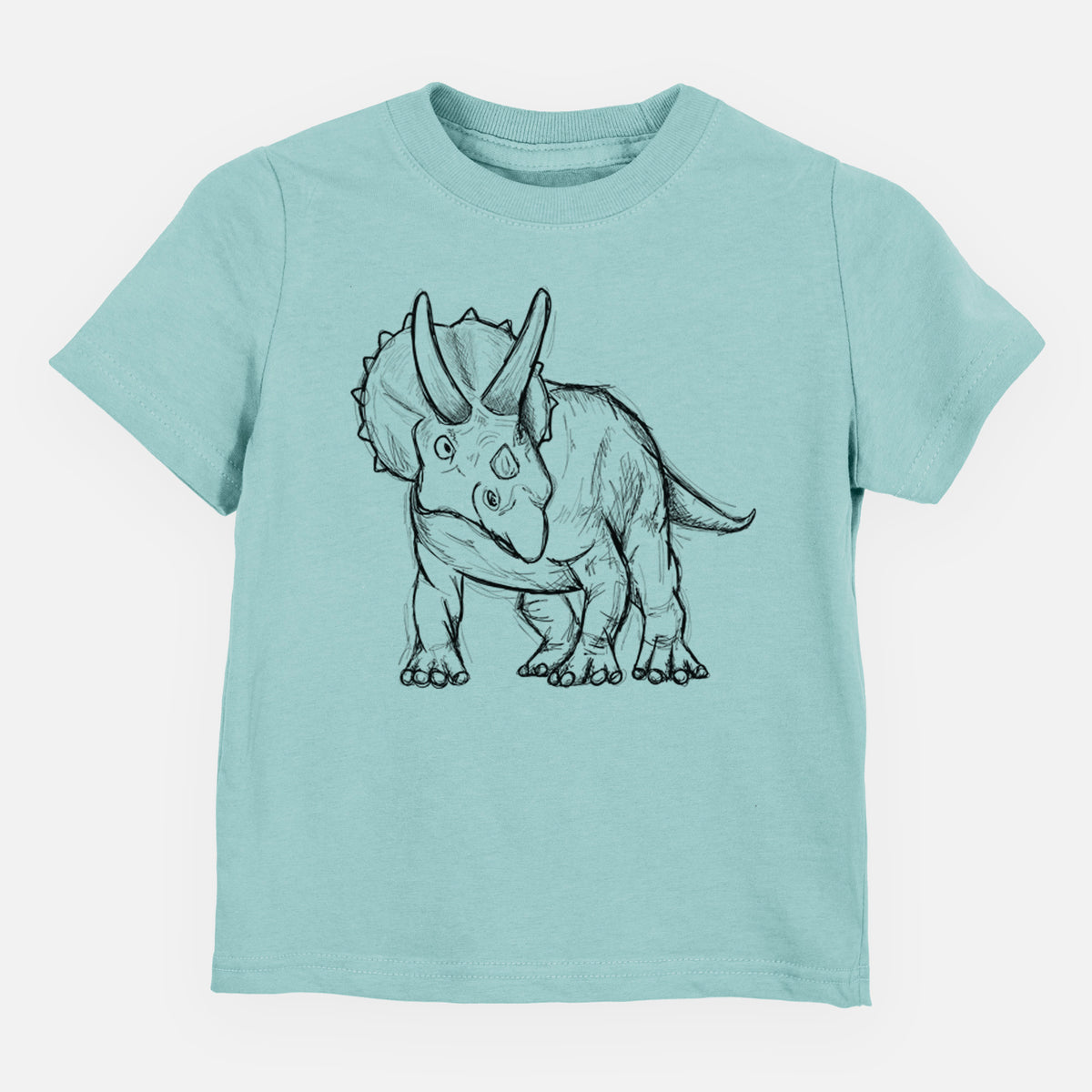Saltwater toddler t-shirt laid flat, printed with a black ink illustration of a Triceratops walking.