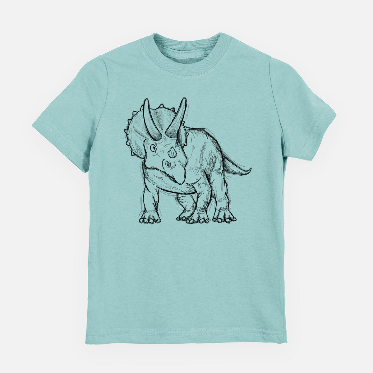 Saltwater youth t-shirt laid flat, printed with a black ink illustration of a Triceratops walking.