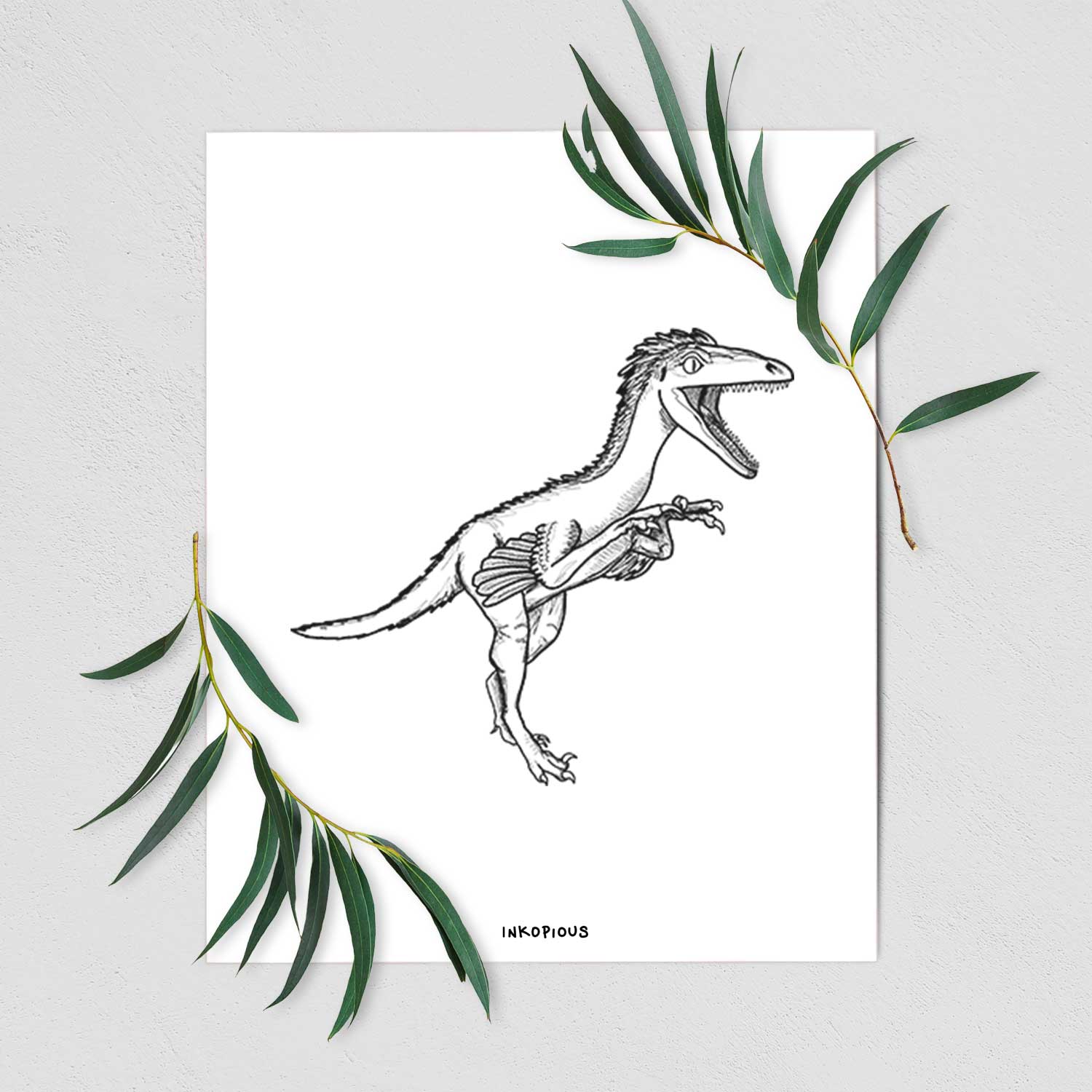 Art print of a black ink illustration of a Troodon dinosaur running, shown with eucalyptus leaves.