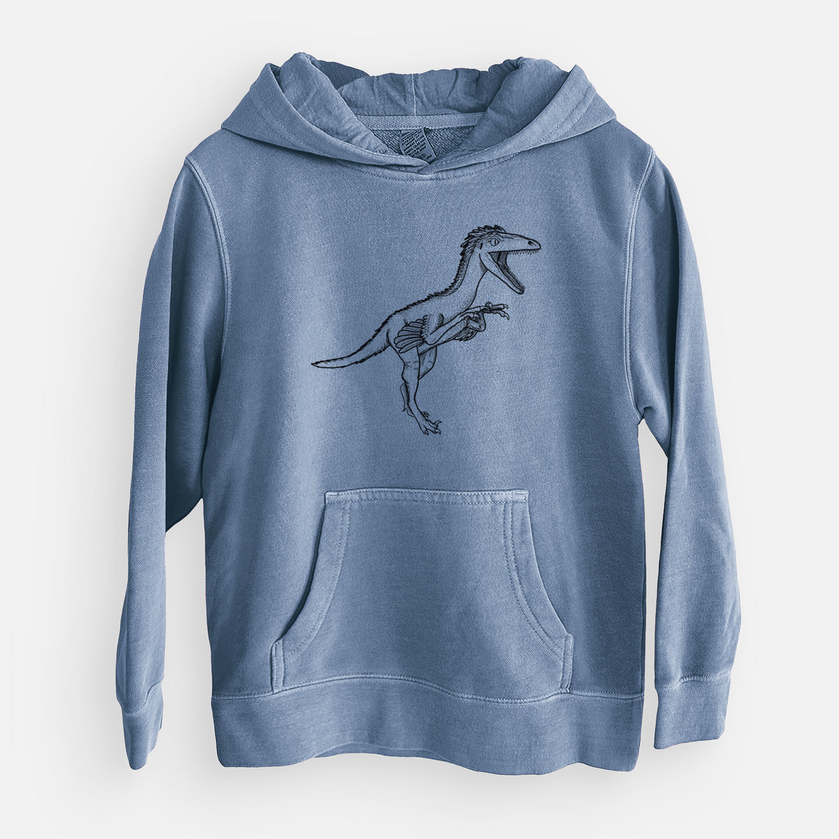 Slate blue youth pigment dyed hoodie laid flat, printed with a black ink illustration of a Troodon dinosaur running.