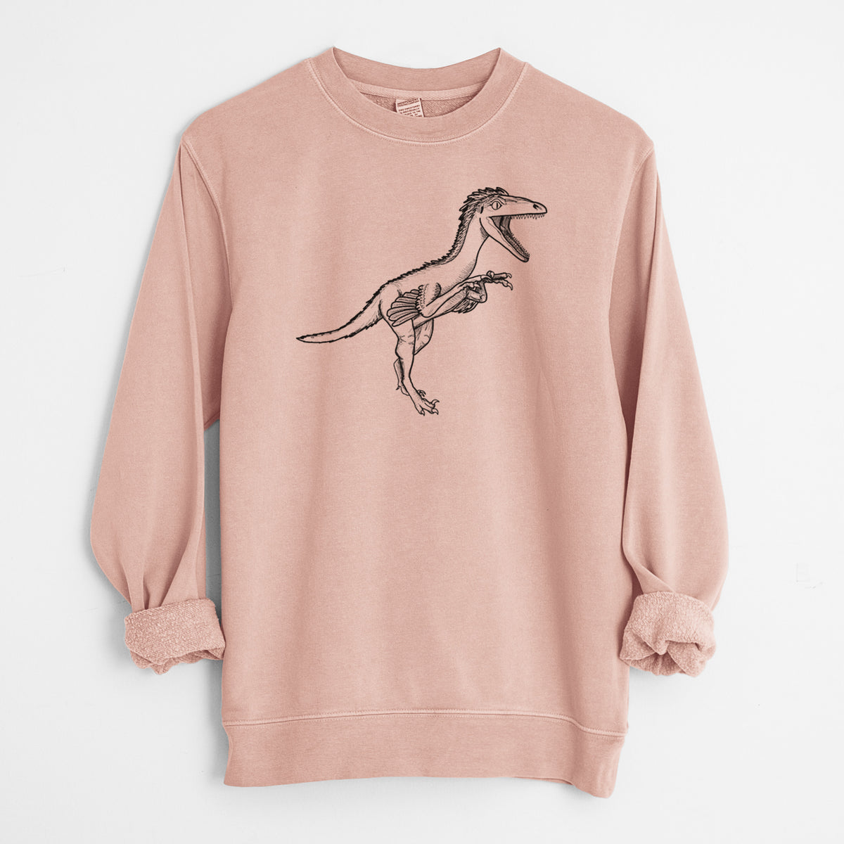Dusty pink pigment dyed crewneck sweatshirt laid flat with the sleeves rolled, printed with a black ink illustration of a Troodon dinosaur running.