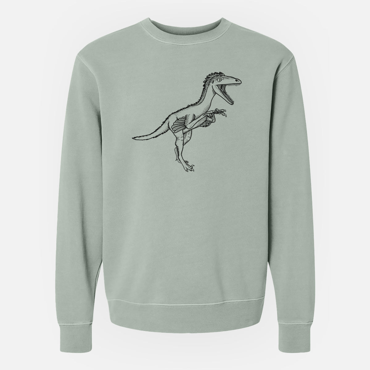 Sage green pigment dyed crewneck sweatshirt laid flat, printed with a black ink illustration of a Troodon dinosaur running.