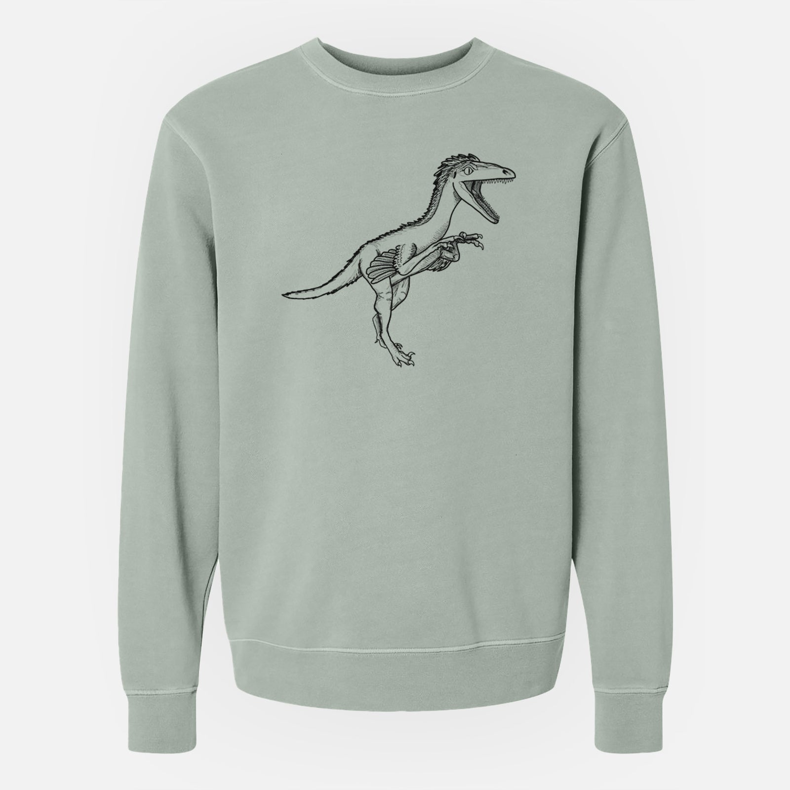 Sage green pigment dyed crewneck sweatshirt laid flat, printed with a black ink illustration of a Troodon dinosaur running.