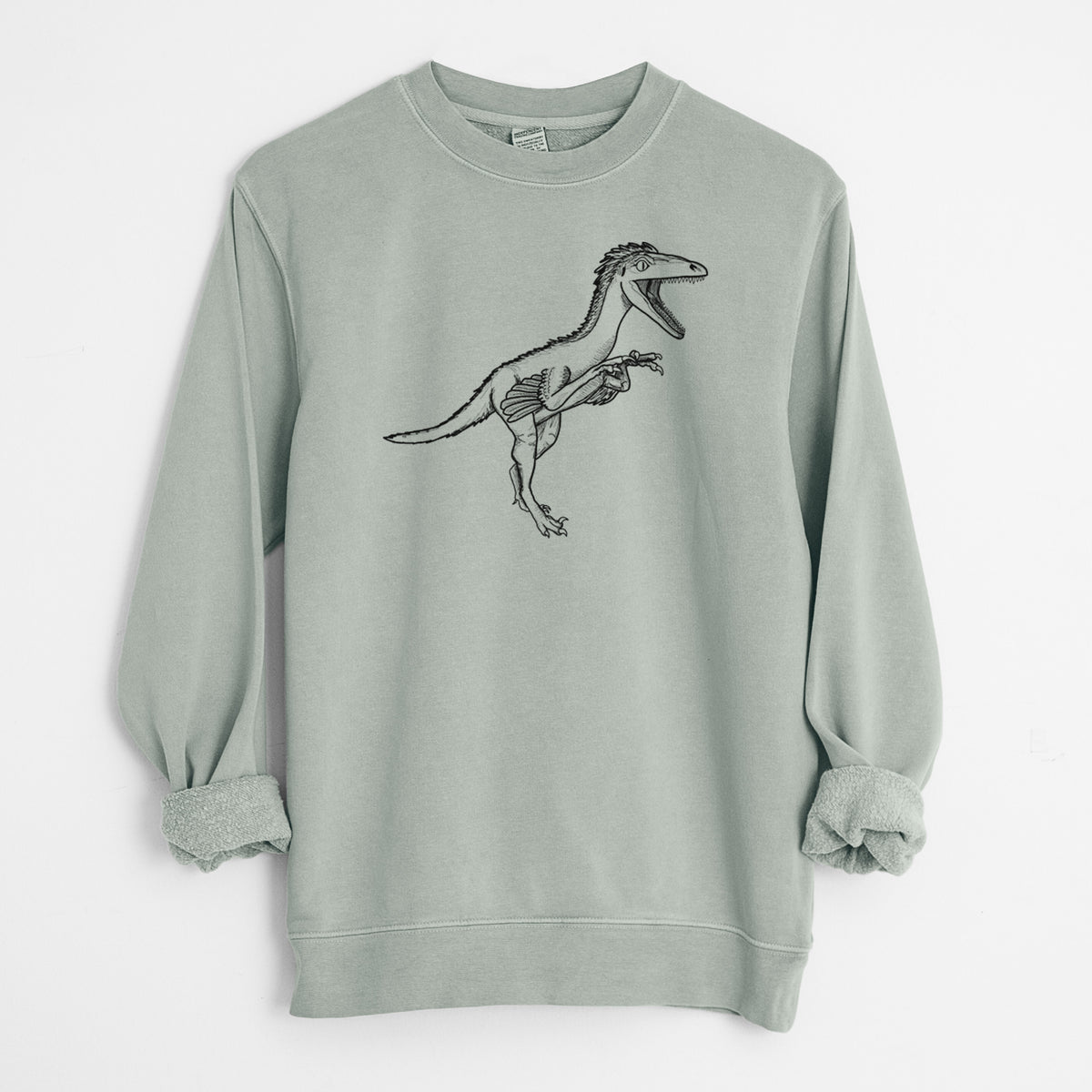 Sage green pigment dyed crewneck sweatshirt laid flat with the sleeves rolled, printed with a black ink illustration of a Troodon dinosaur running.