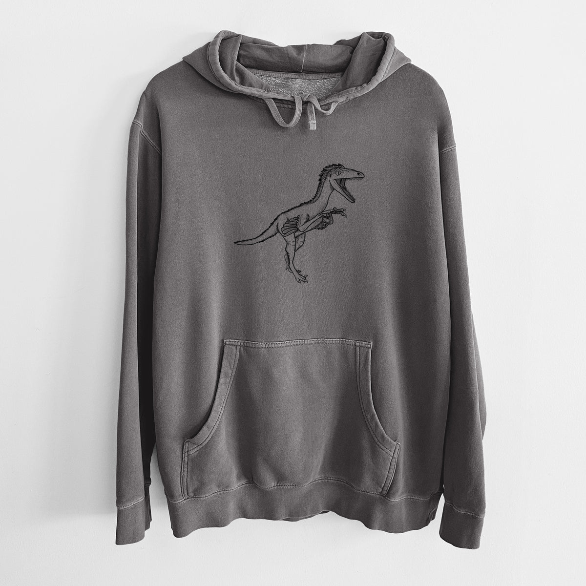 Faded black pigment dyed hoodie laid flat, printed with a black ink illustration of a Troodon dinosaur running.