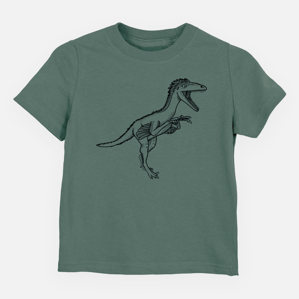 Basil green toddler t-shirt laid flat, printed with a black ink illustration of a Troodon dinosaur running.