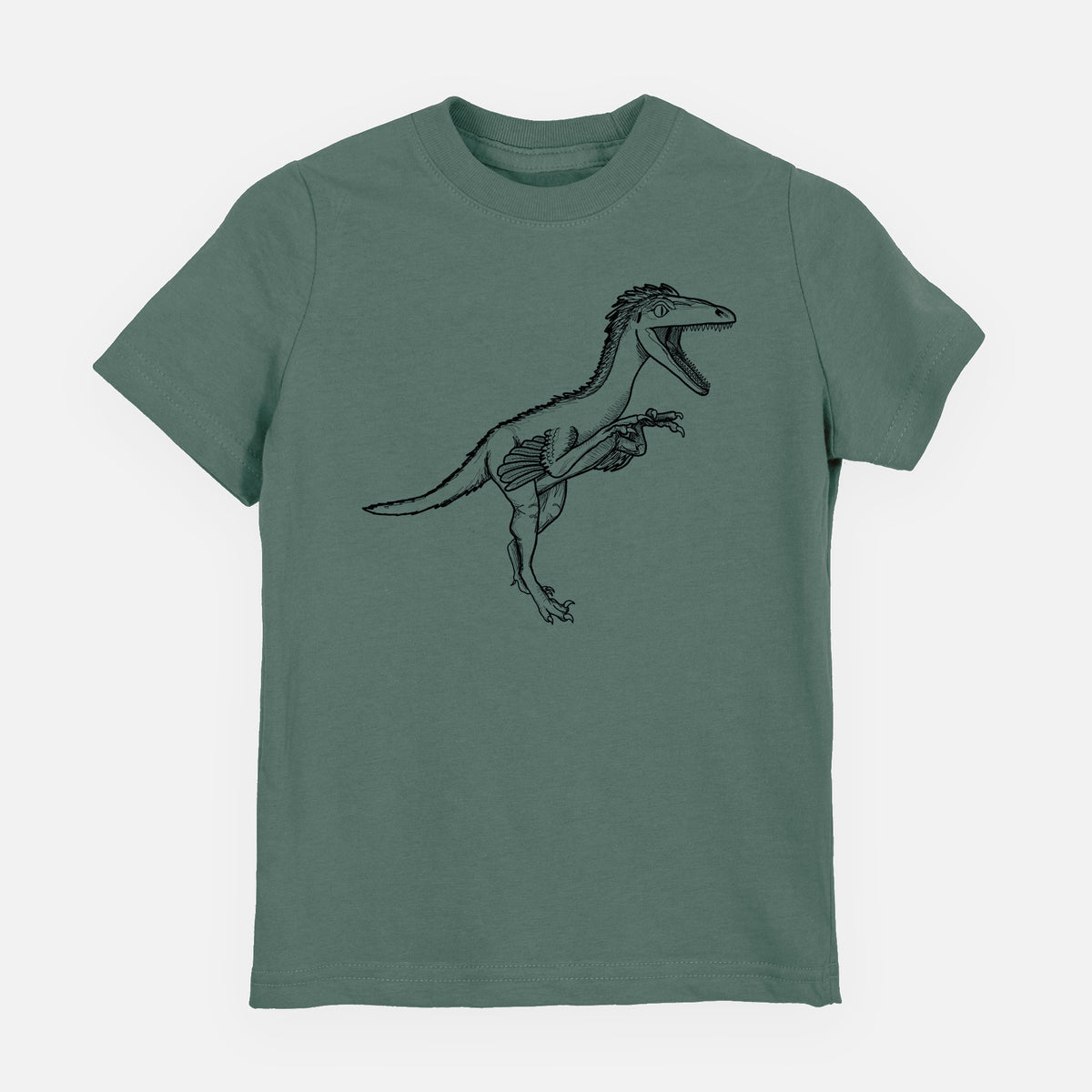 Basil green youth t-shirt laid flat, printed with a black ink illustration of a Troodon dinosaur running.