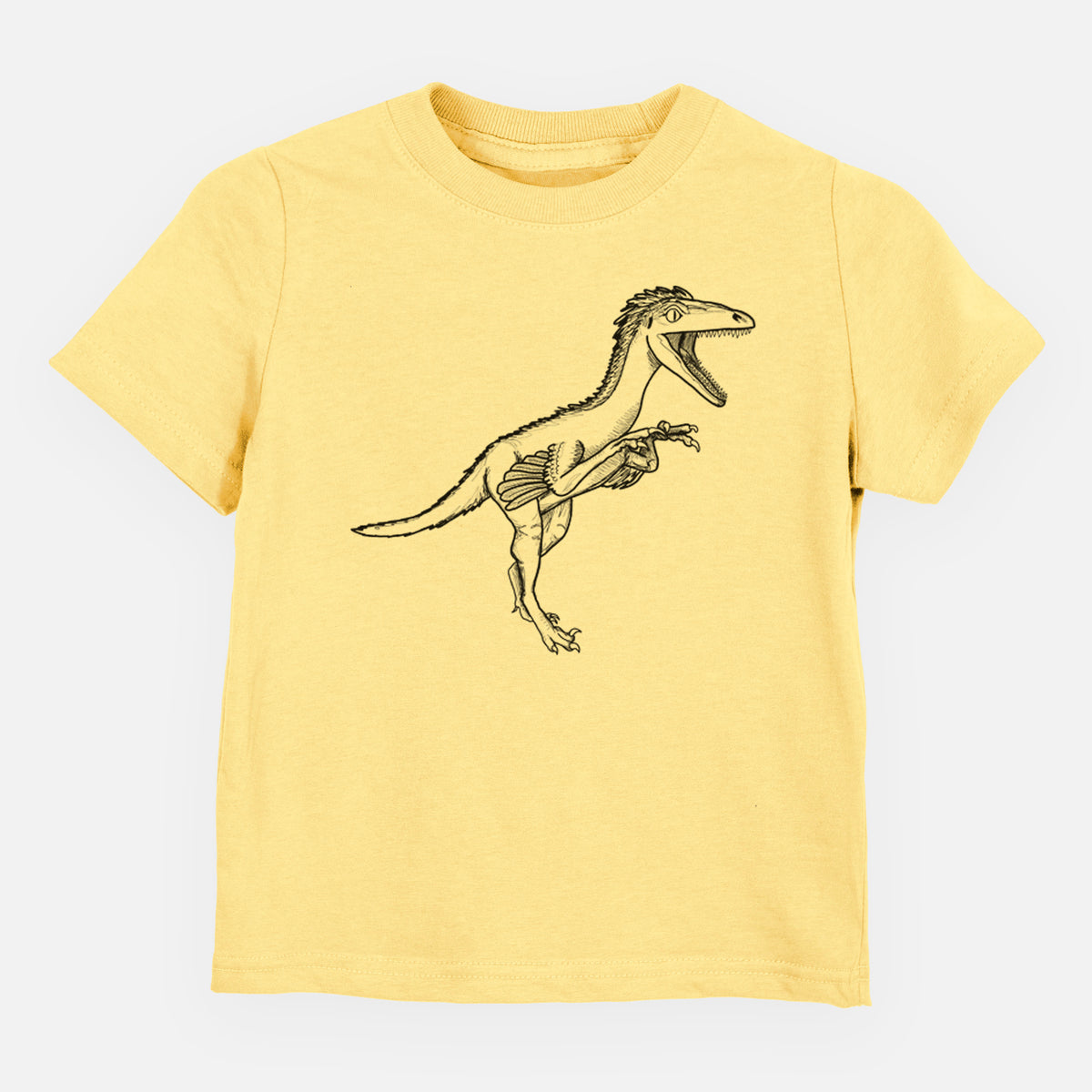 Butter yellow toddler t-shirt laid flat, printed with a black ink illustration of a Troodon dinosaur running.