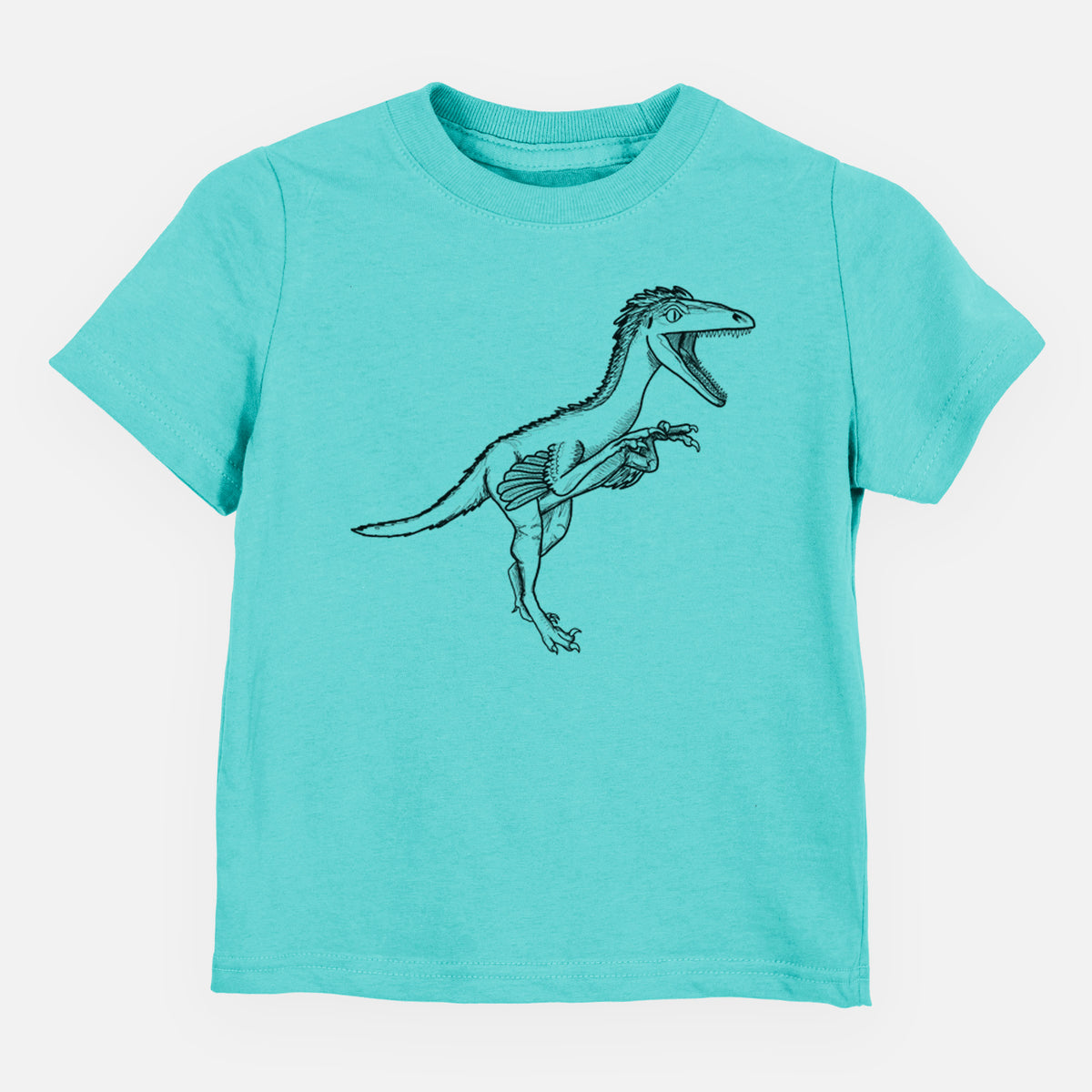Caribbean blue toddler t-shirt laid flat, printed with a black ink illustration of a Troodon dinosaur running.