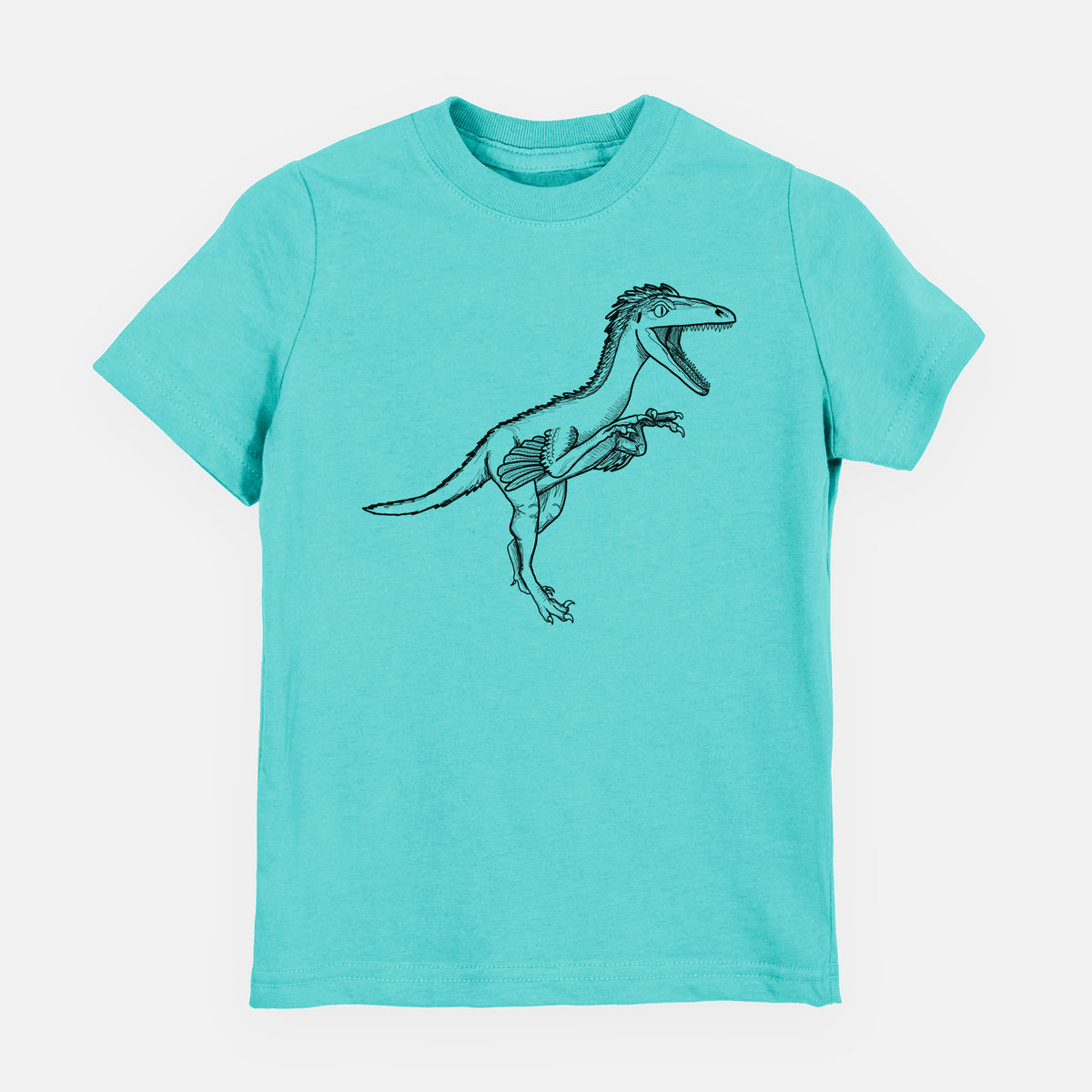 Caribbean blue youth t-shirt laid flat, printed with a black ink illustration of a Troodon dinosaur running.